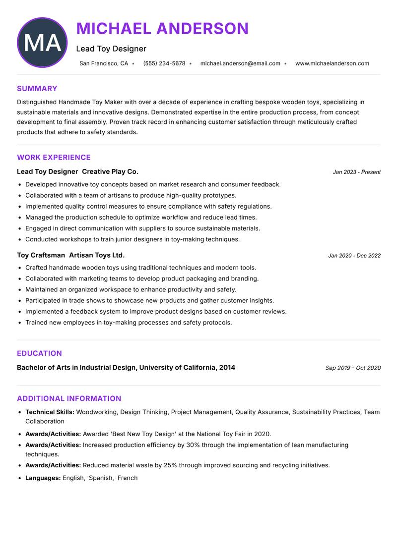 Handmade Toy Maker Resume Preview Example
