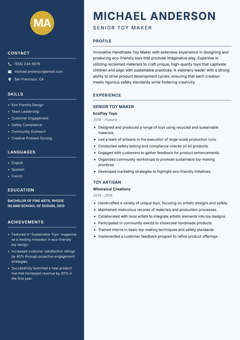 Handmade Toy Maker Resume Preview Example