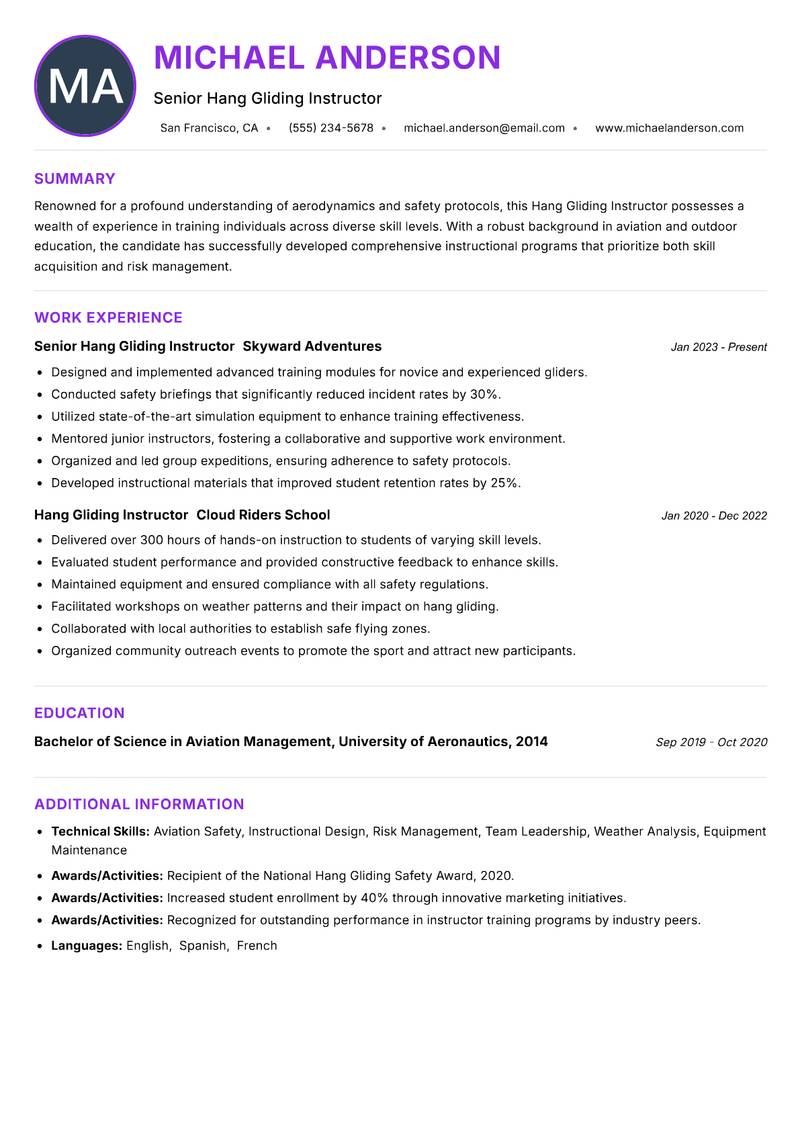 Hang Gliding Instructor Resume Preview Example