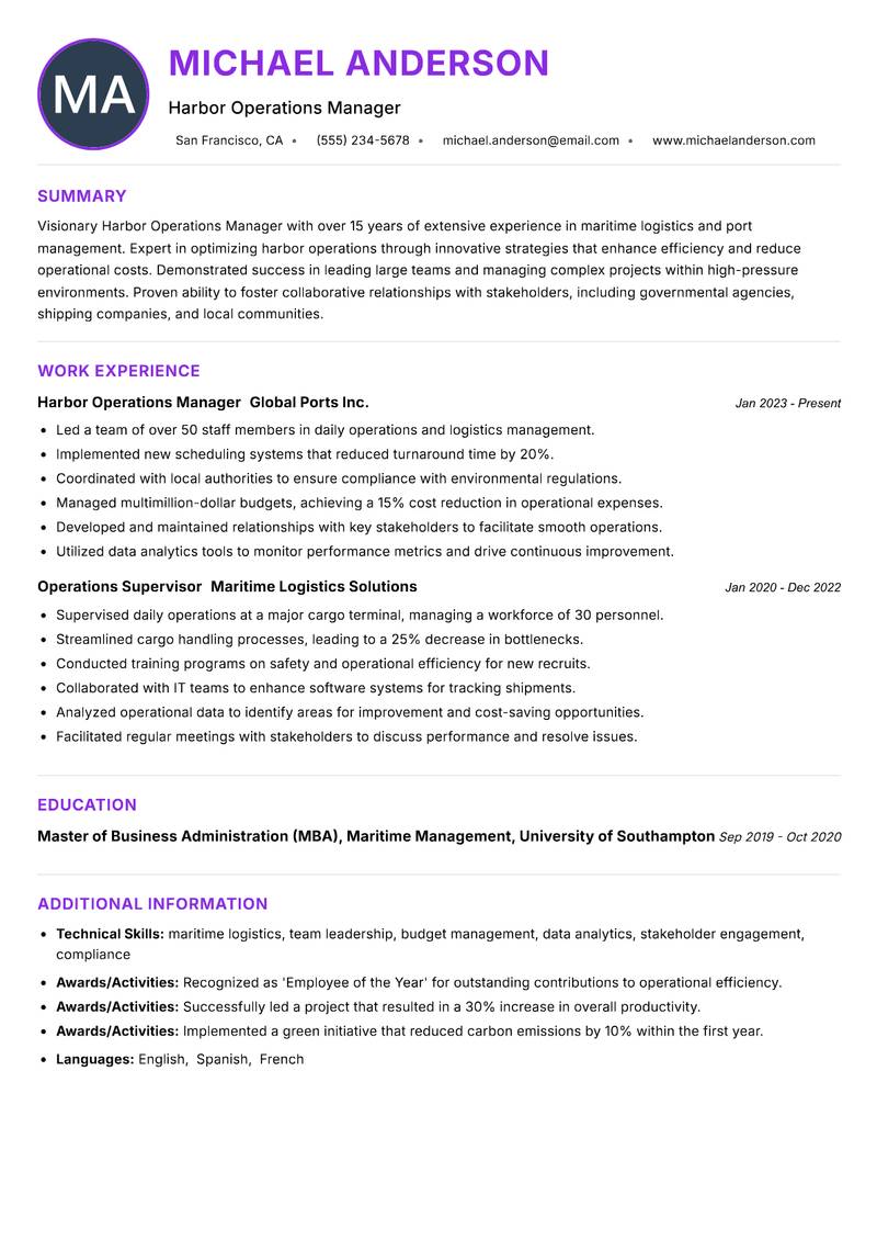 Harbor Operations Manager Resume Preview Example