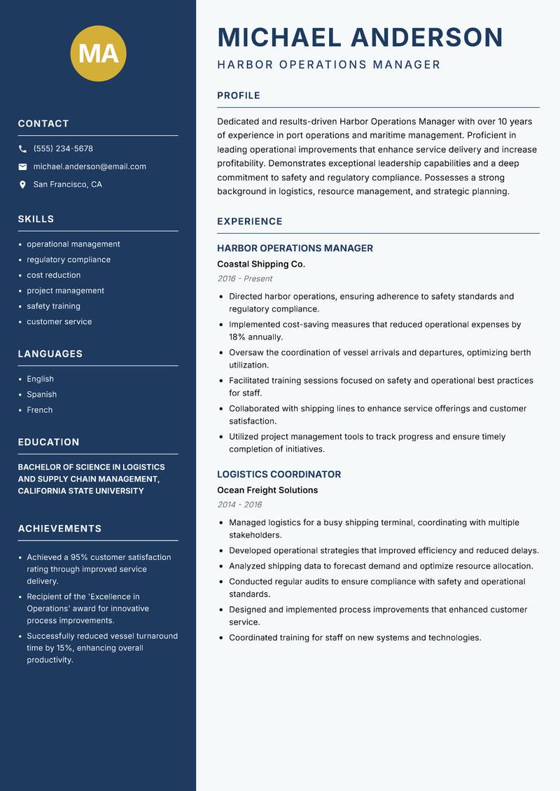 Harbor Operations Manager Resume Preview Example