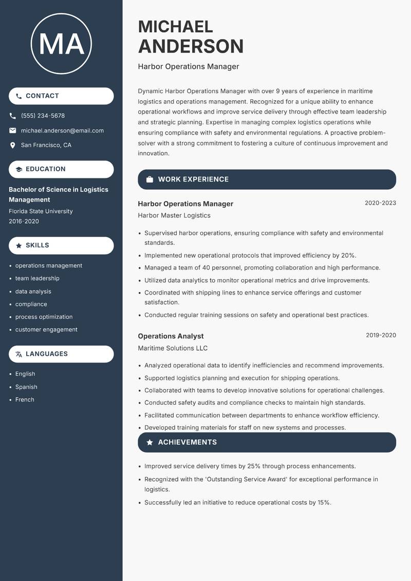 Harbor Operations Manager Resume Preview Example