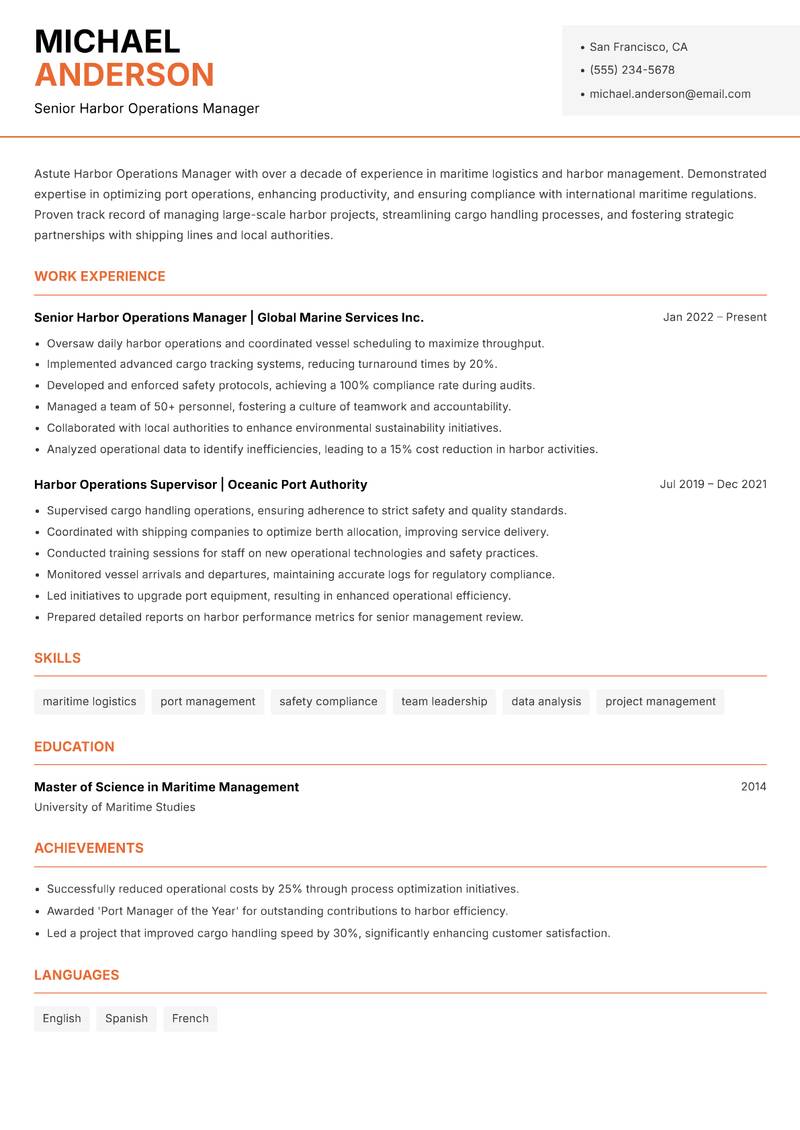 Harbor Operations Manager Resume Template