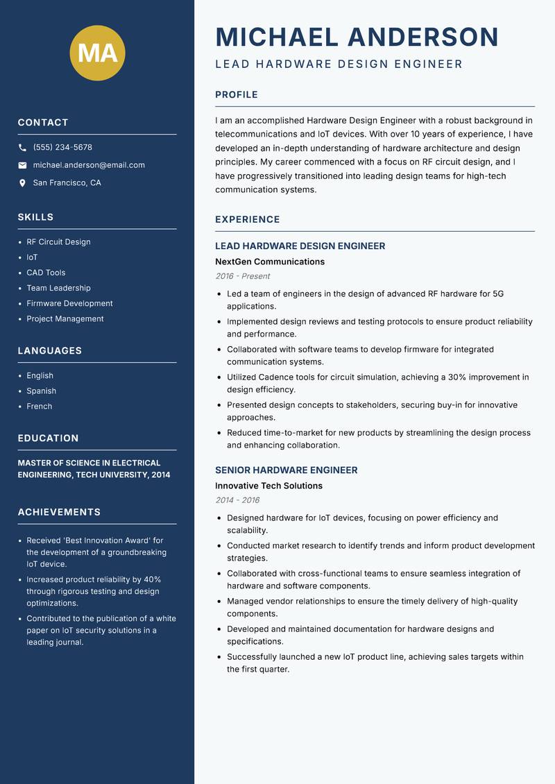 Hardware Design Engineer Resume Preview Example