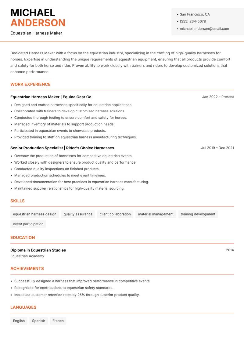 Harness Maker Resume Template
