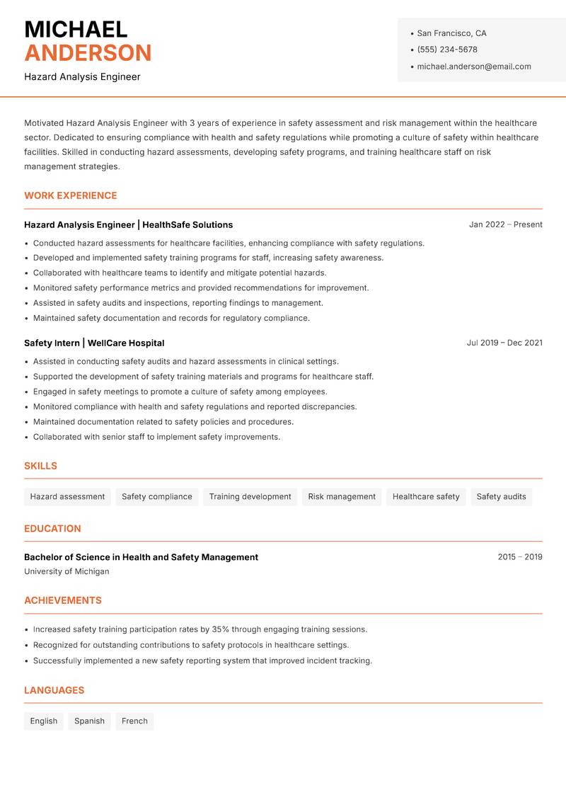 Hazard Analysis Engineer Resume Template
