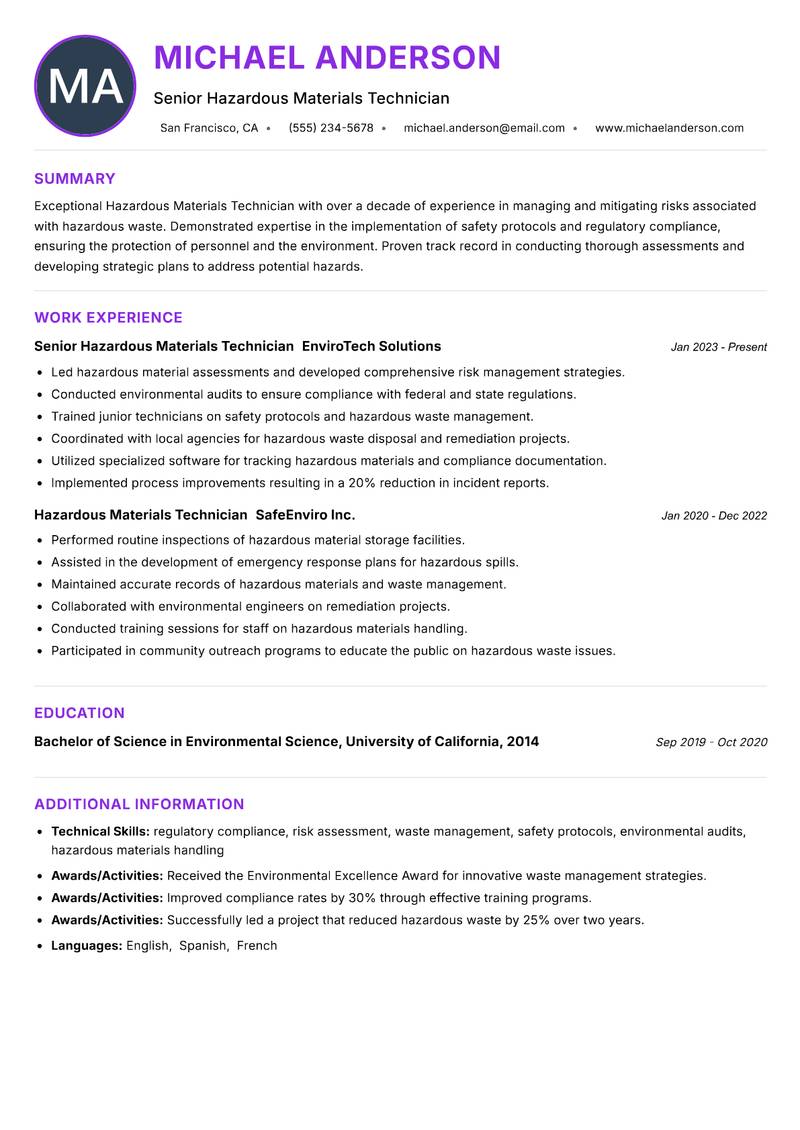 Hazardous Materials Technician Resume Preview Example