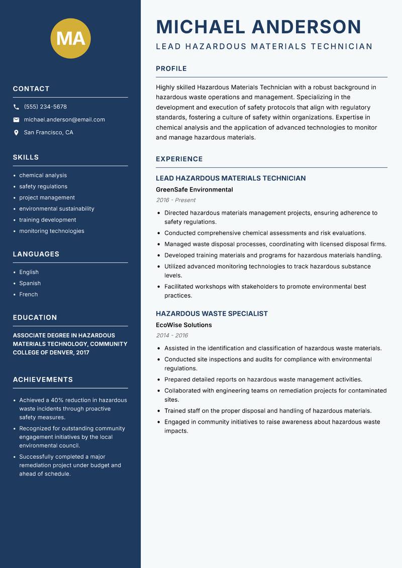 Hazardous Materials Technician Resume Preview Example