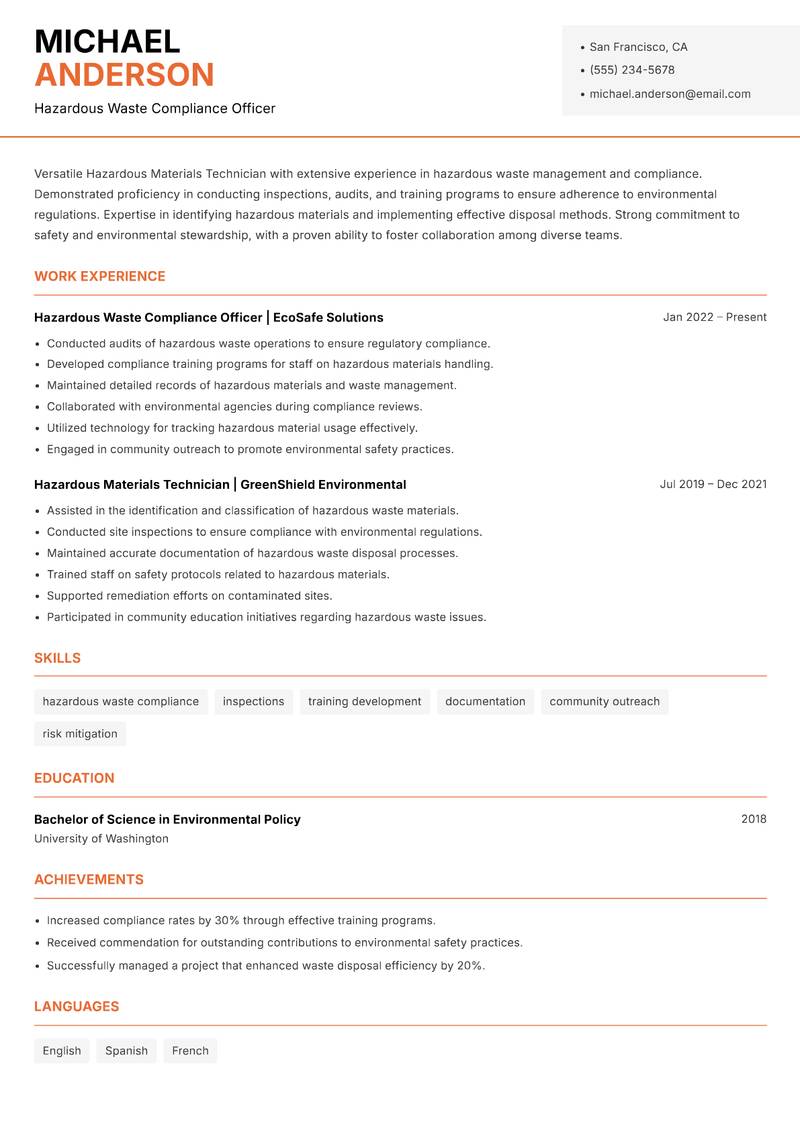 Hazardous Materials Technician Resume Template