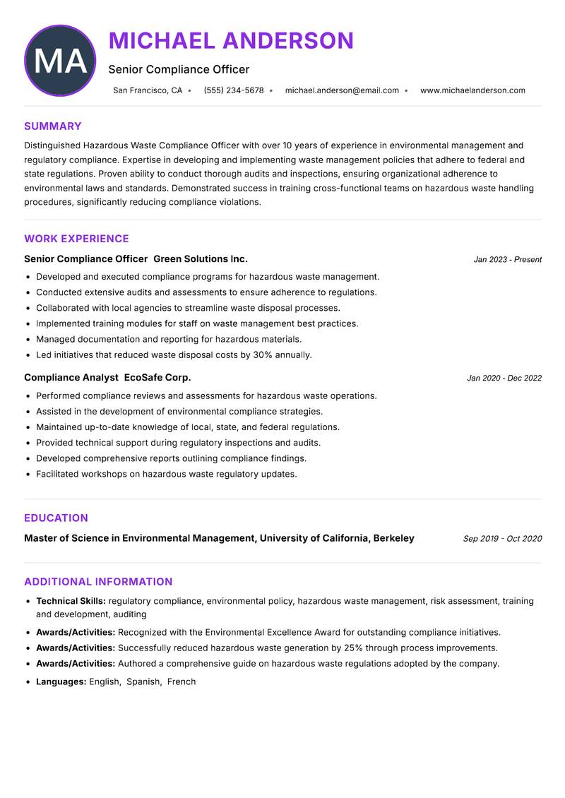 Hazardous Waste Compliance Officer Resume Preview Example