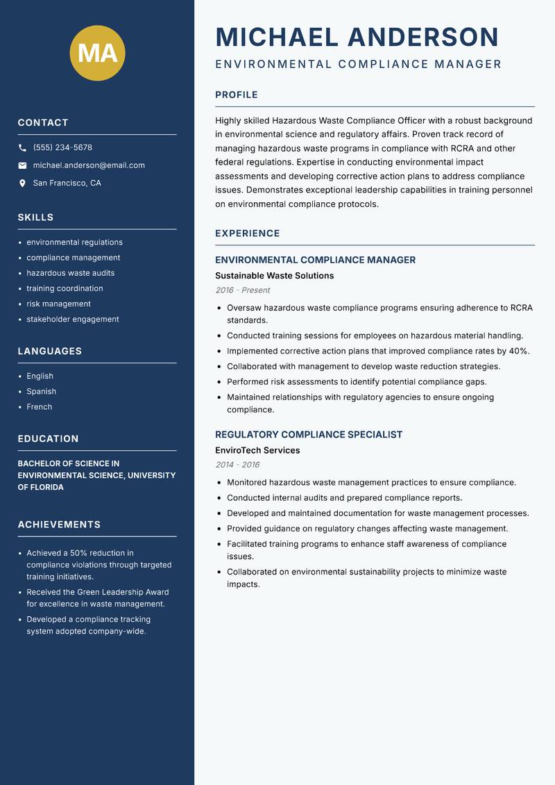 Hazardous Waste Compliance Officer Resume Preview Example