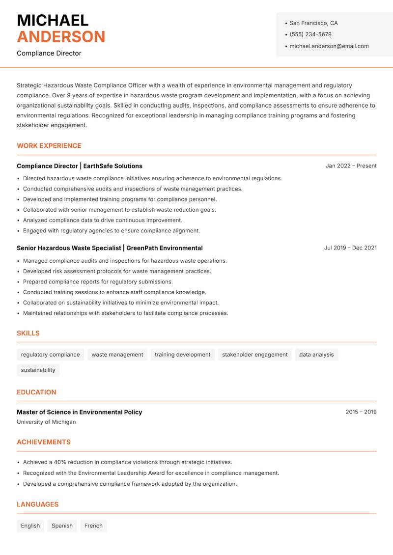 Hazardous Waste Compliance Officer Resume Template
