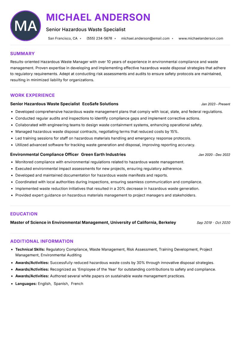 Hazardous Waste Manager Resume Preview Example