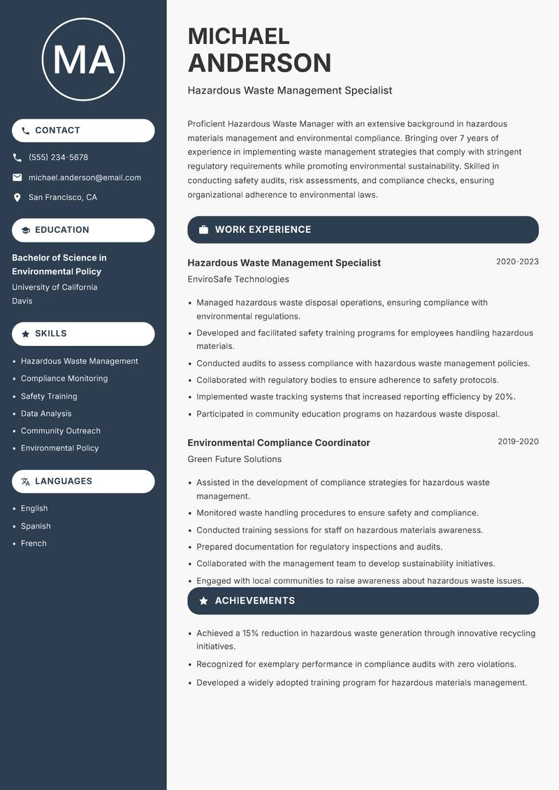 Hazardous Waste Manager Resume Preview Example