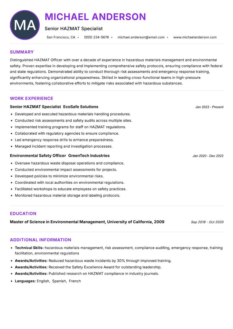 HAZMAT Officer Resume Preview Example