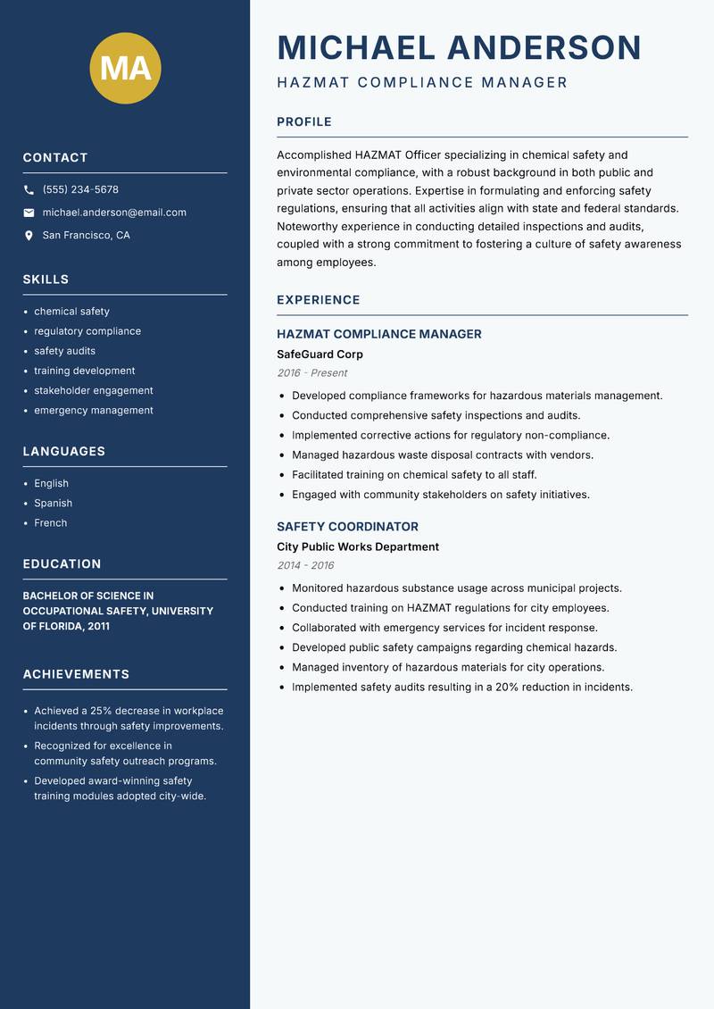 HAZMAT Officer Resume Preview Example