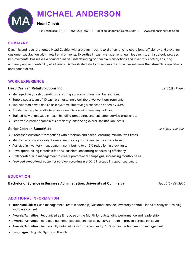Head Cashier Resume Preview Example