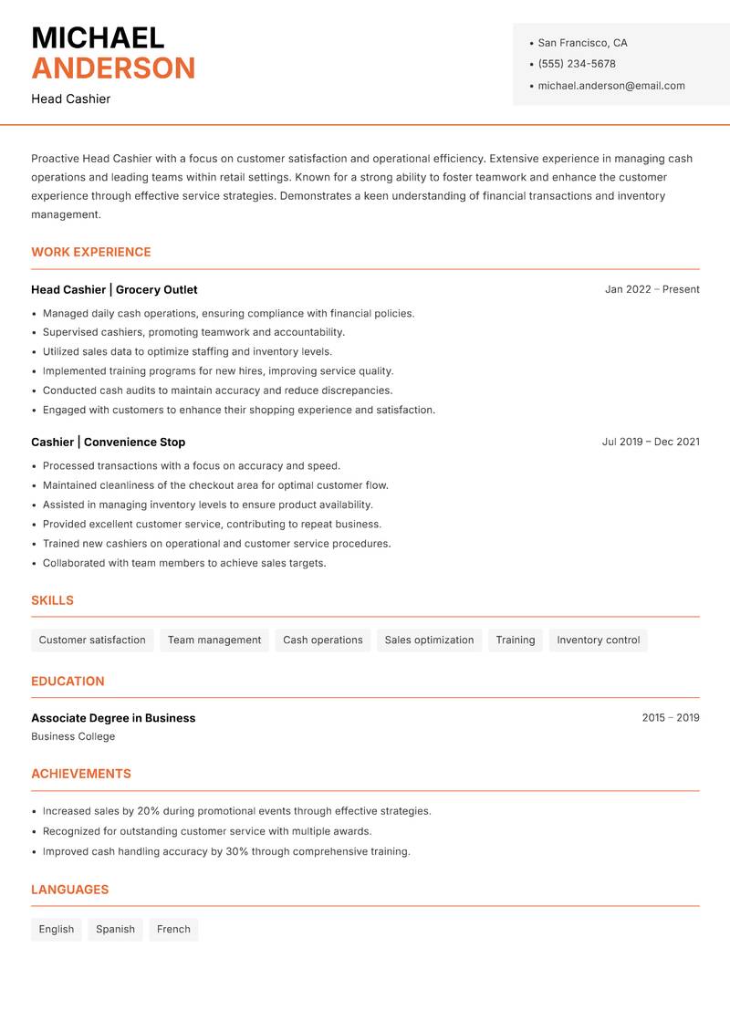 Head Cashier Resume Template