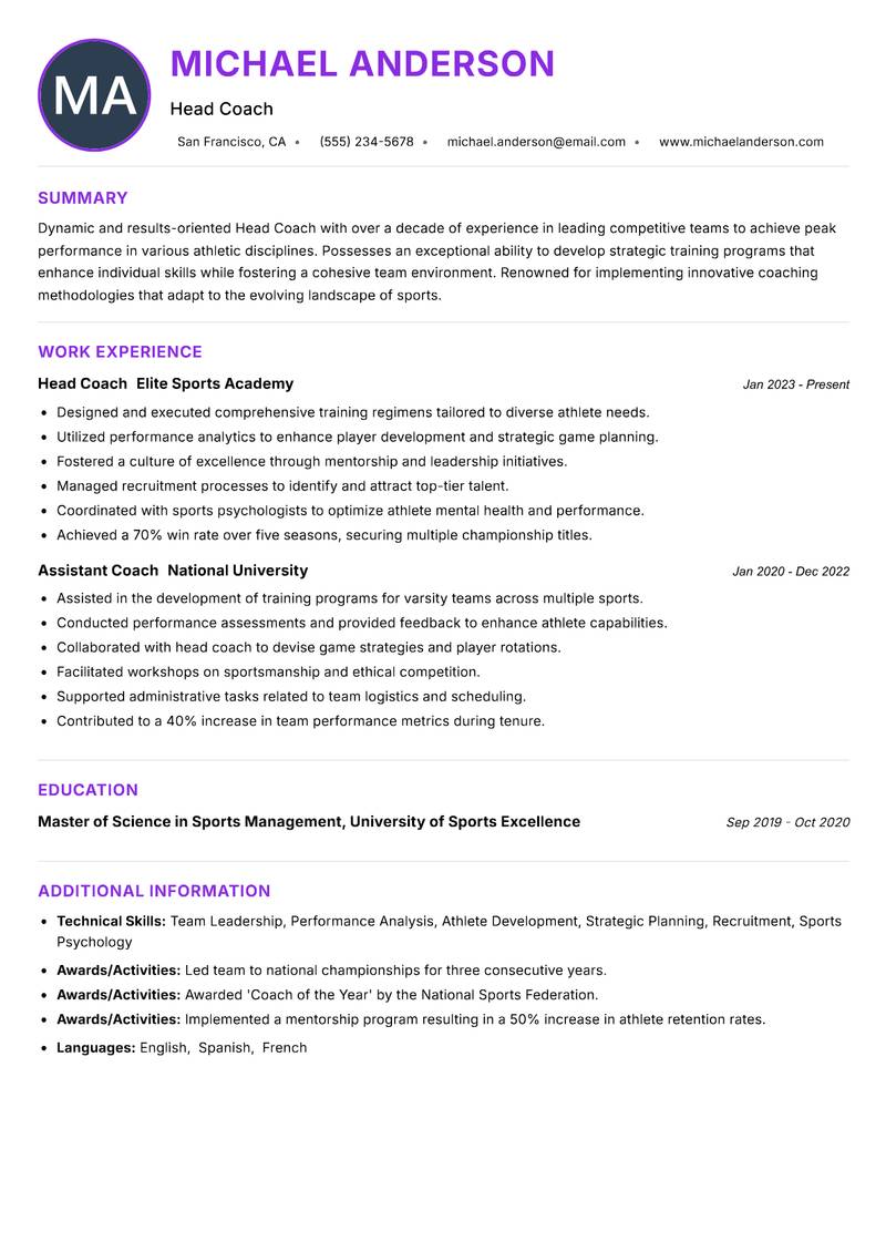Head Coach Resume Preview Example