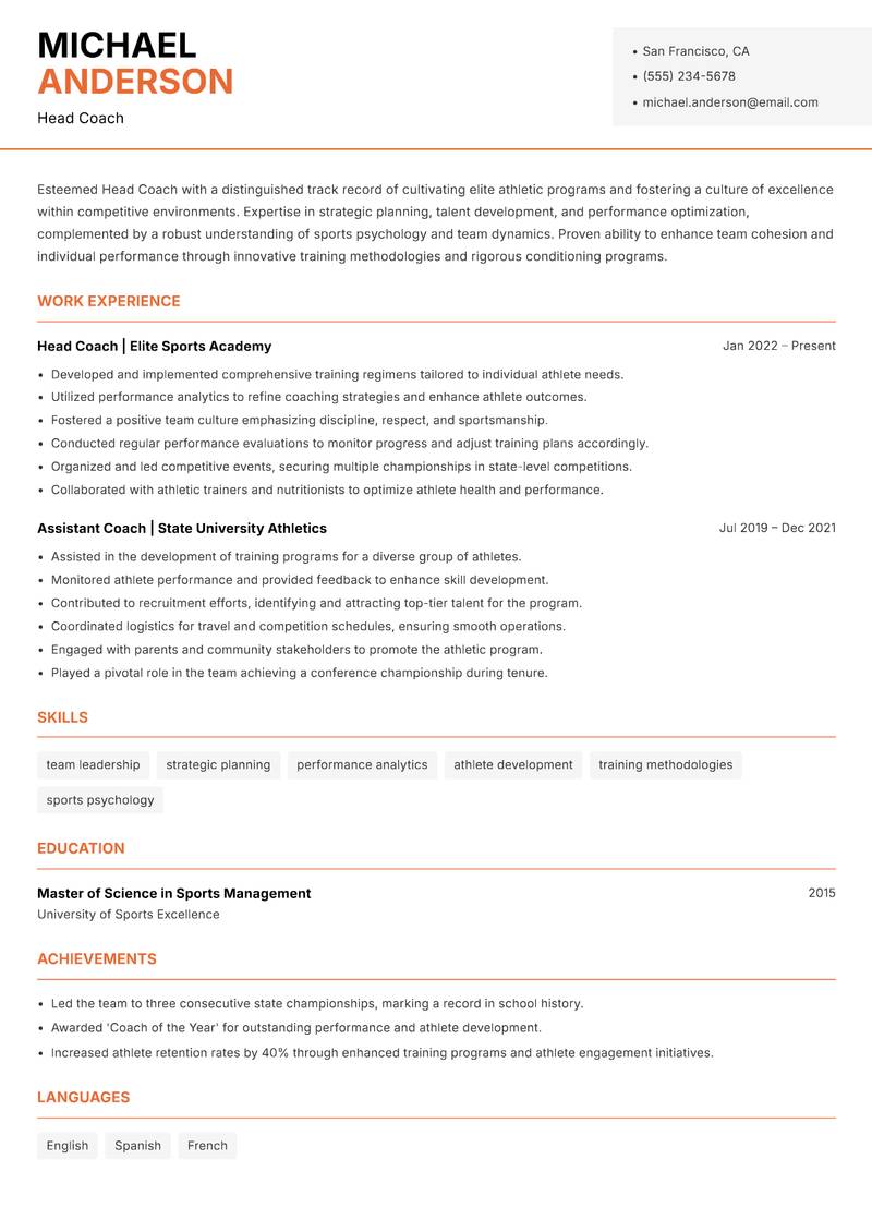 Head Coach Resume Template