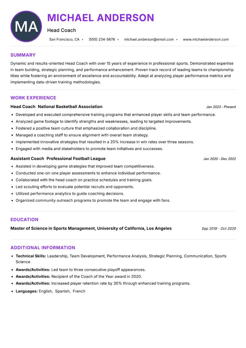 Head Coach Professional Sports Resume Preview Example