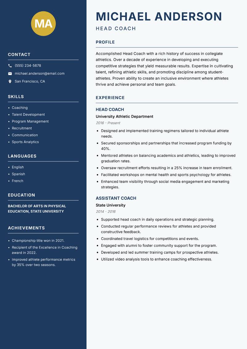 Head Coach Professional Sports Resume Preview Example