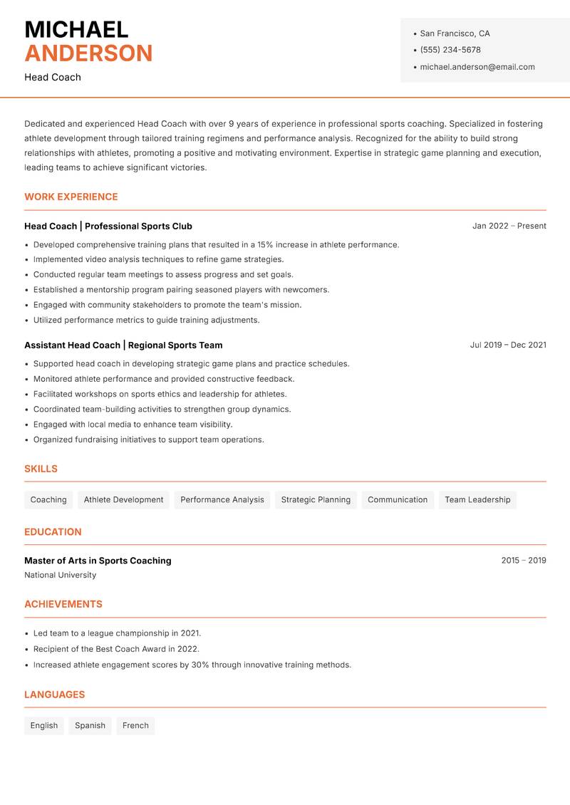 Head Coach Professional Sports Resume Template