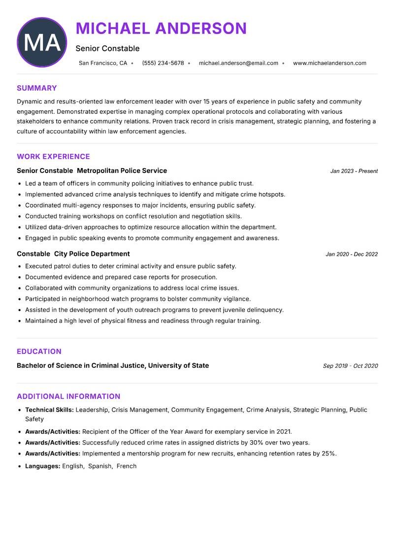 Head Constable Resume Preview Example