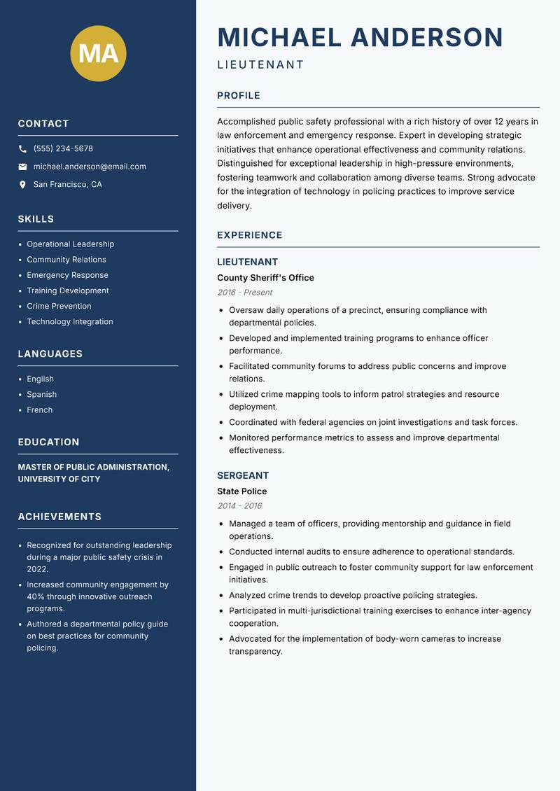 Head Constable Resume Preview Example