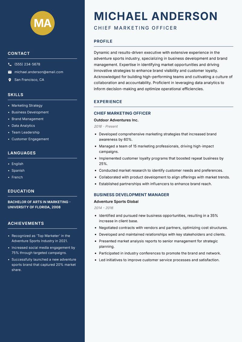 Head of Adventure Sports Resume Preview Example