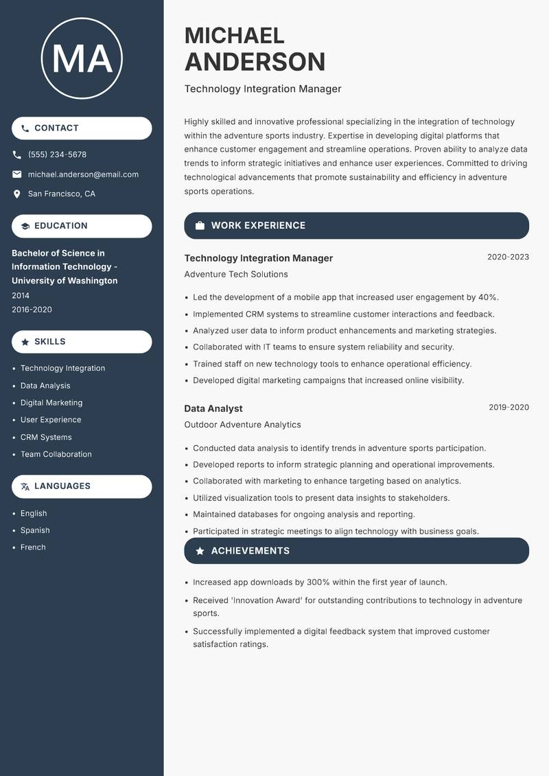 Head of Adventure Sports Resume Preview Example