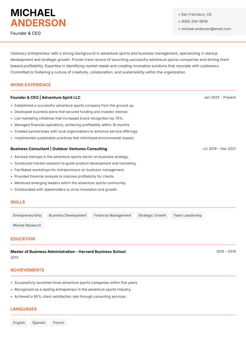 Head of Adventure Sports Resume Template