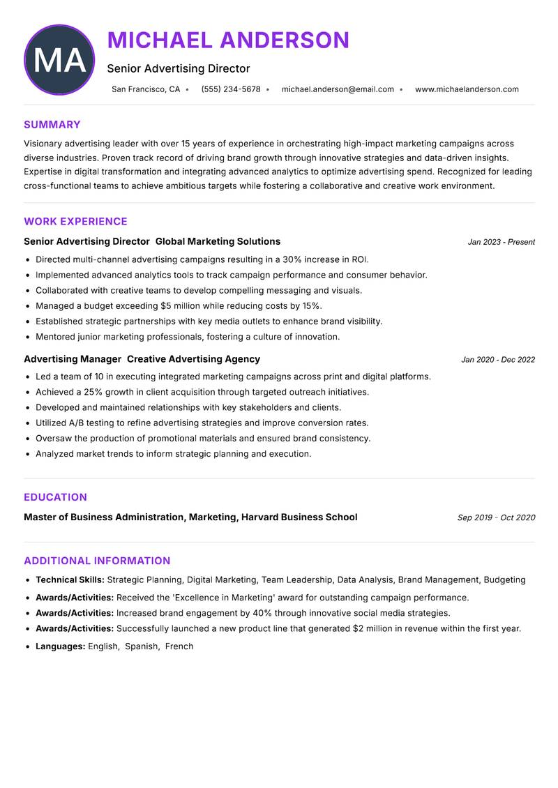 Head of Advertising Resume Preview Example