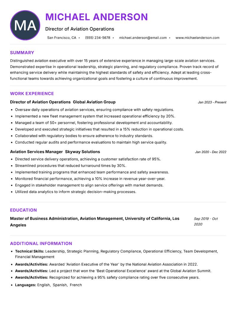 Head of Aviation Services Resume Preview Example