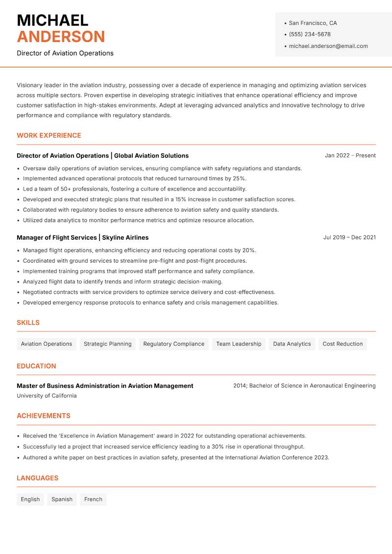 Head of Aviation Services Resume Template