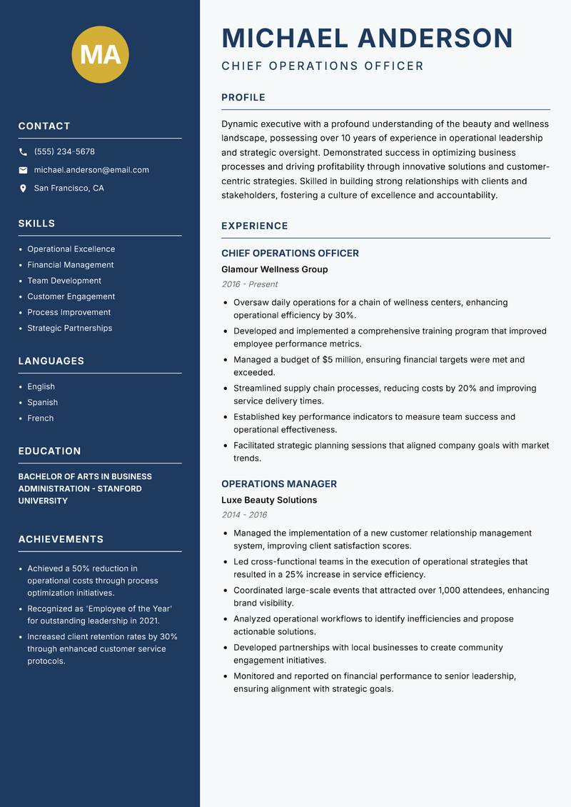Head of Beauty and Wellness Resume Preview Example