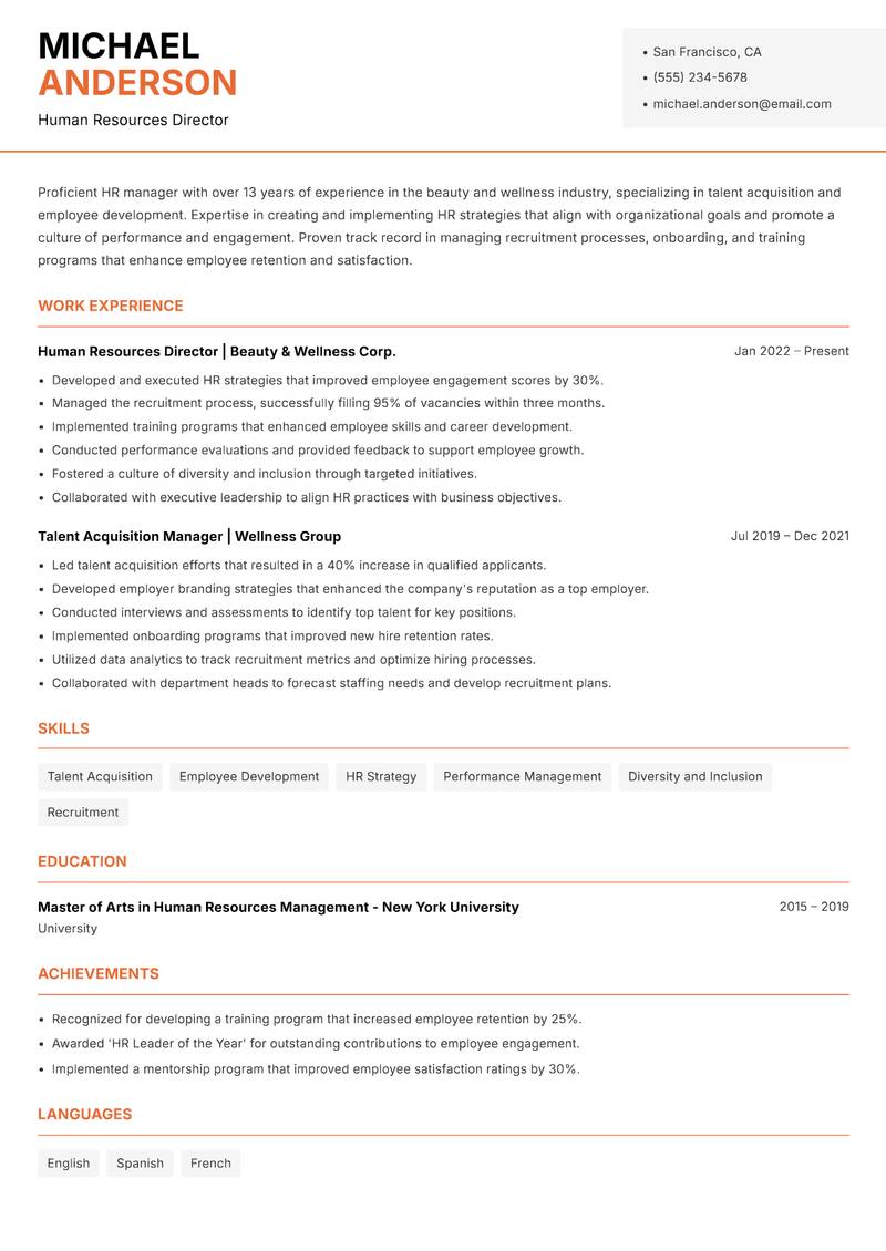 Head of Beauty and Wellness Resume Template