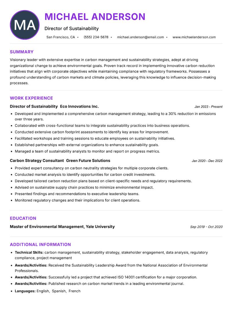 Head of Carbon Management Resume Preview Example