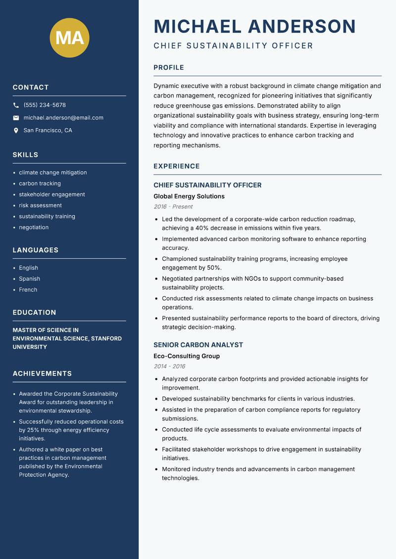 Head of Carbon Management Resume Preview Example