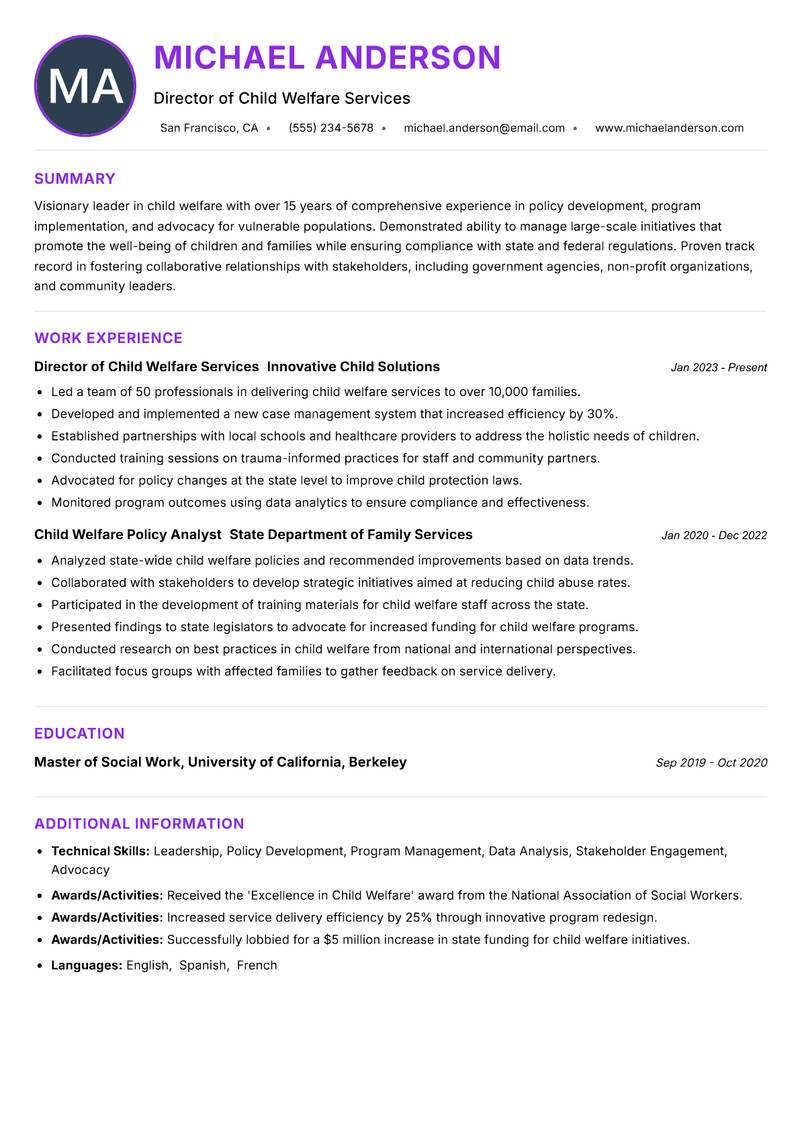 Head of Child Welfare Resume Preview Example