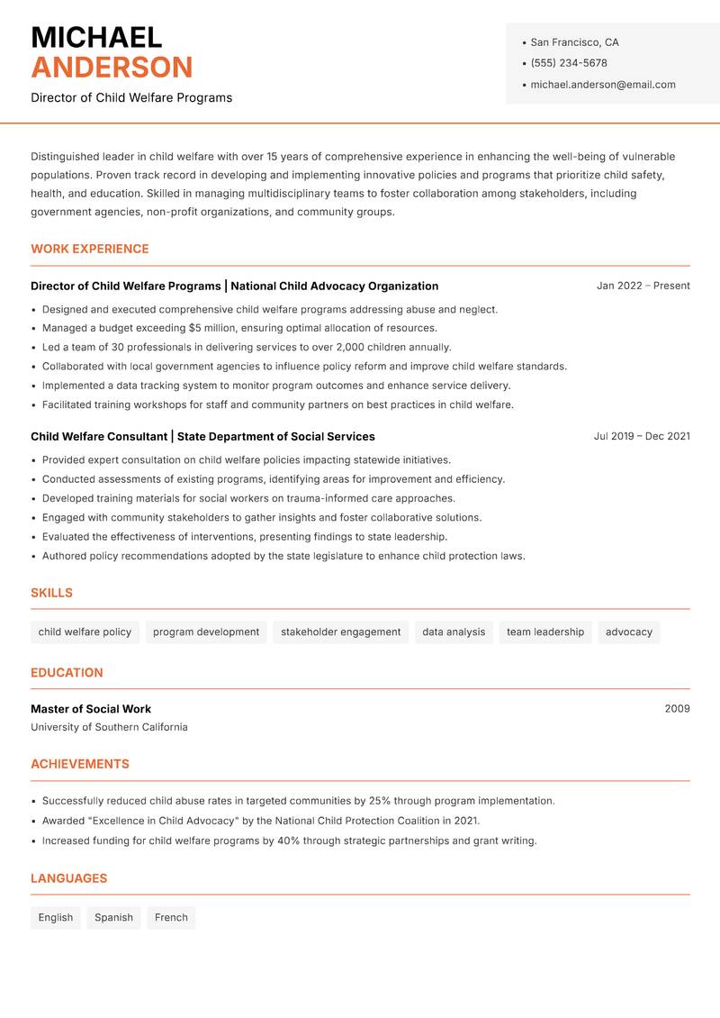 Head of Child Welfare Resume Template