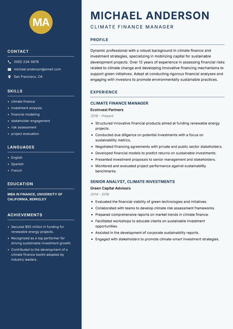 Head of Climate Change Resume Preview Example