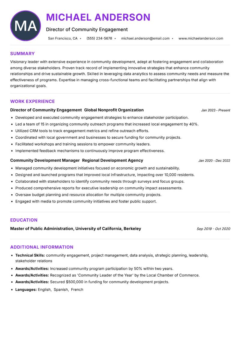 Head of Community Development Resume Preview Example