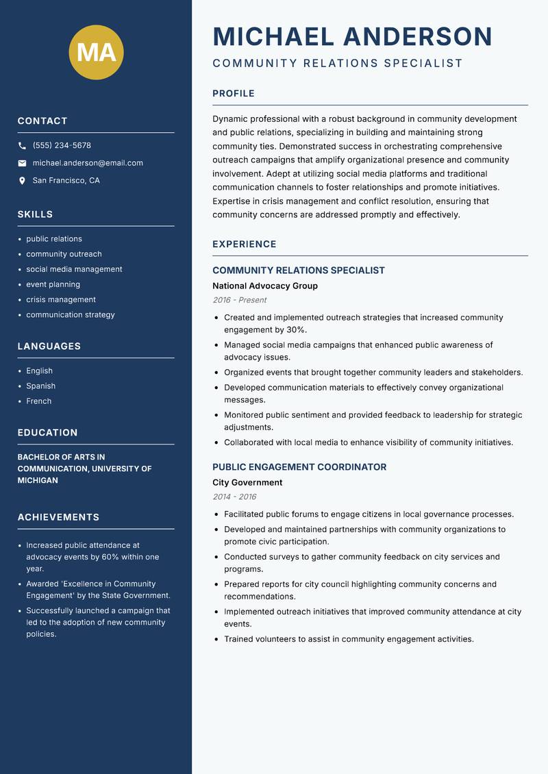 Head of Community Development Resume Preview Example