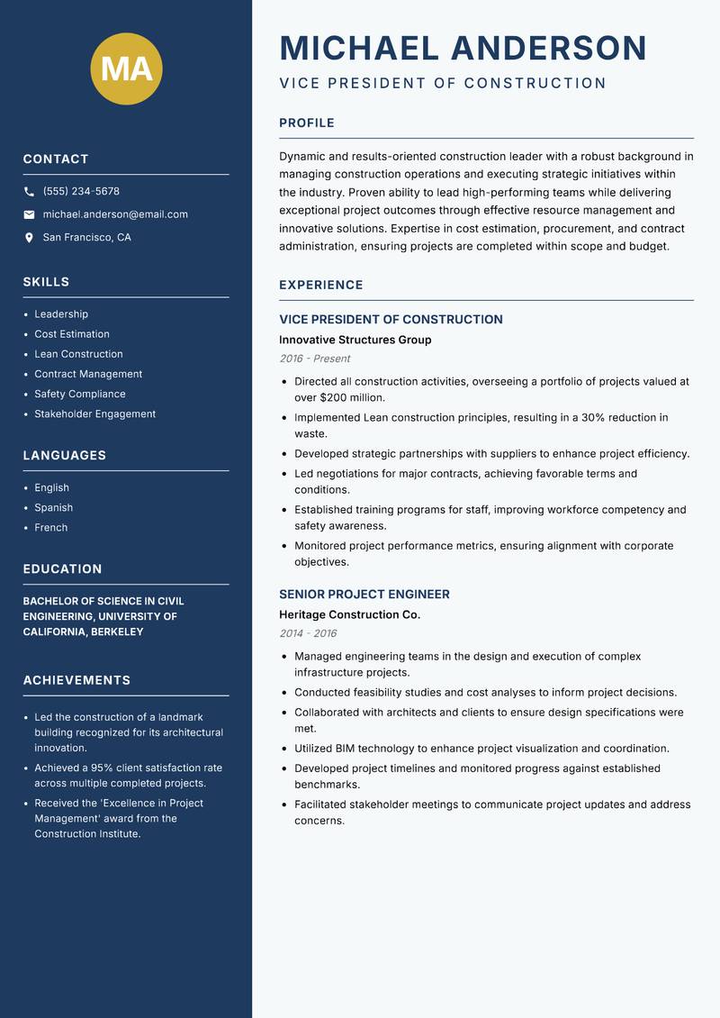 Head of Construction Resume Preview Example