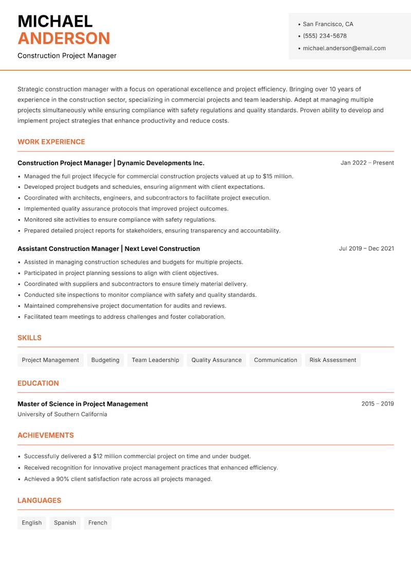 Head of Construction Resume Template