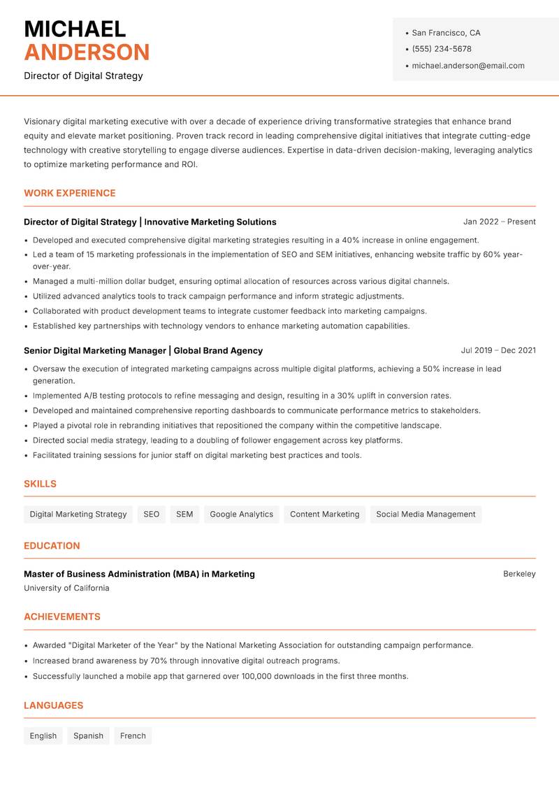 Head of Digital Marketing Resume Template