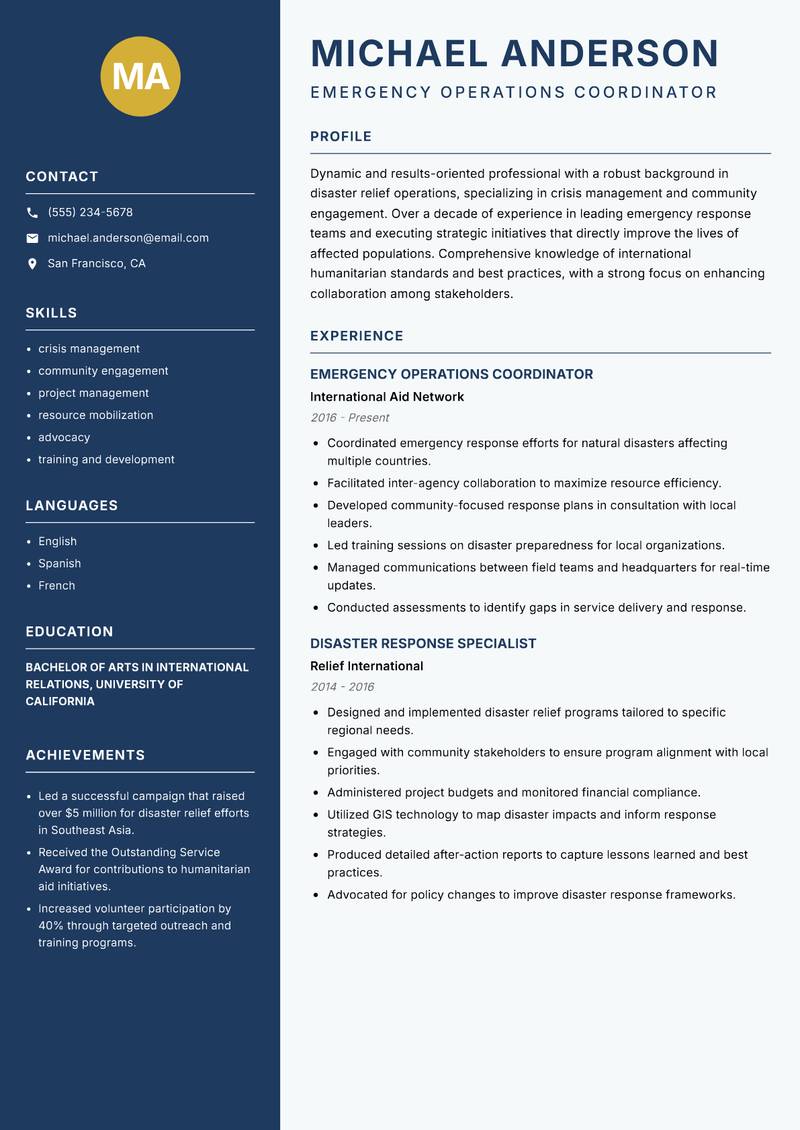 Head of Disaster Relief Resume Preview Example