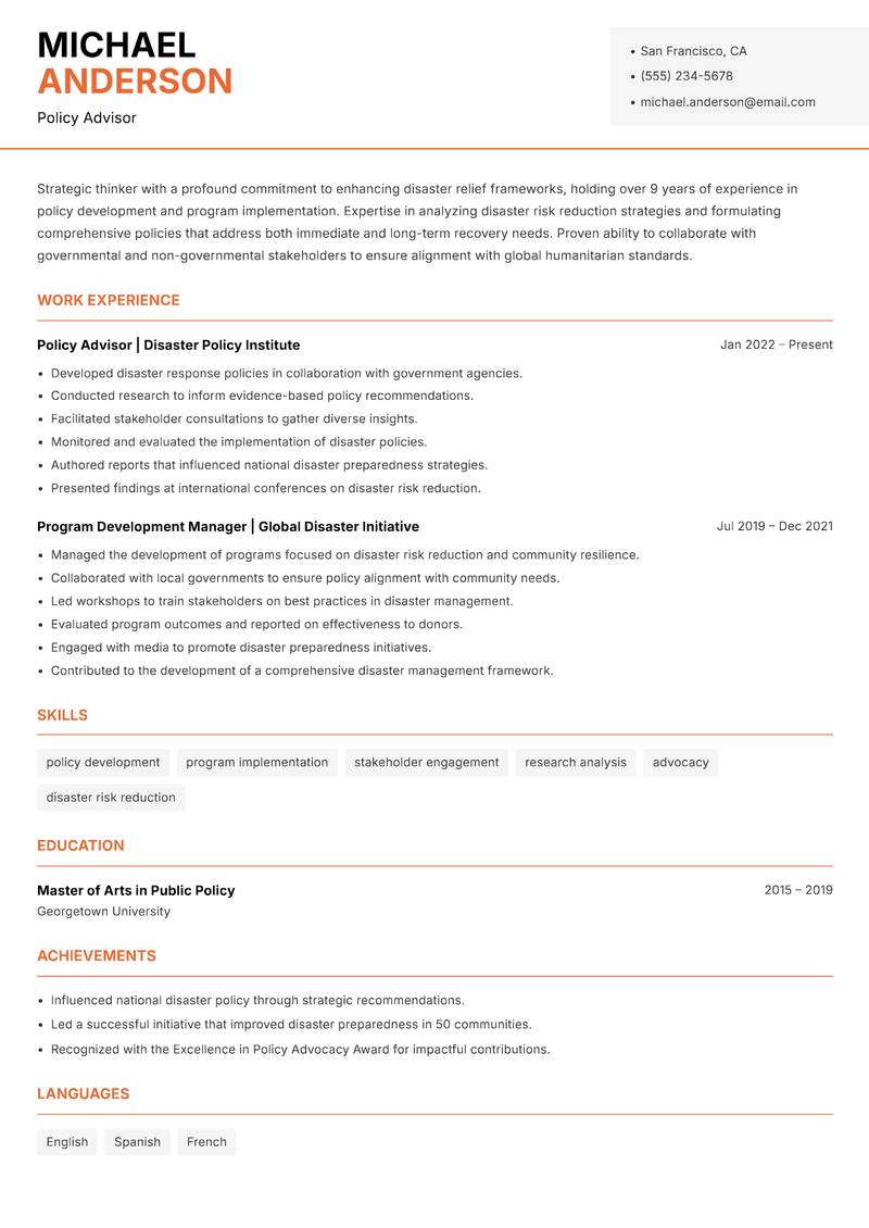 Head of Disaster Relief Resume Template