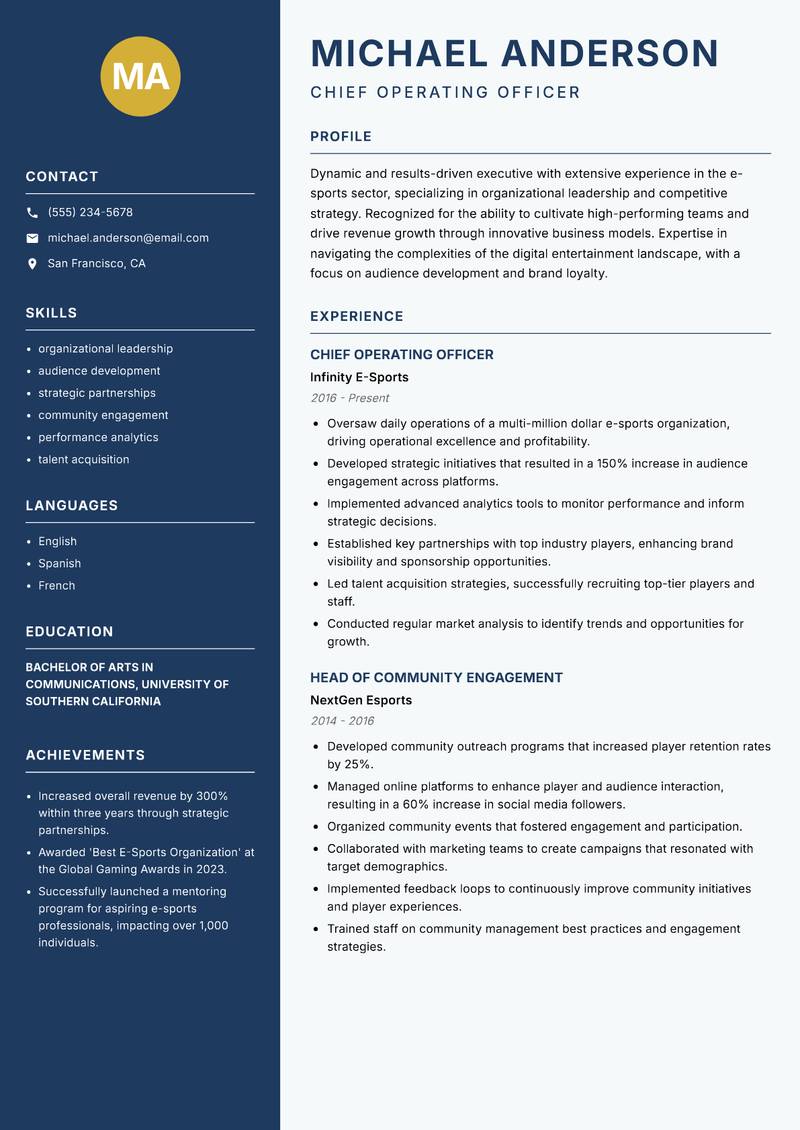 Head of E-Sports Resume Preview Example
